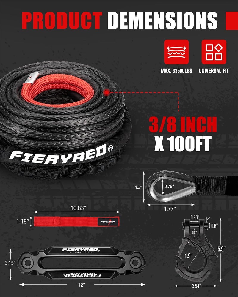FIERYRED Synthetic Winch Rope 3/8 Inch100FT 23809Ibs Winch Line Cable Rope with Winch Hook Fairleads for 4WD Off Road Vehicle ATV UTV SUV - Image 2